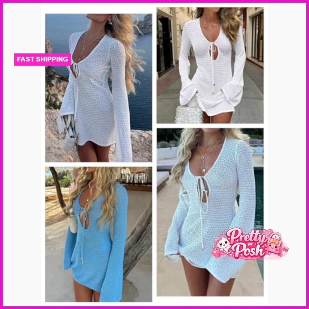 Crochet Mesh Knit Beach Cover Up Dress Long Sleeve V Neck - Picture 2 of 7